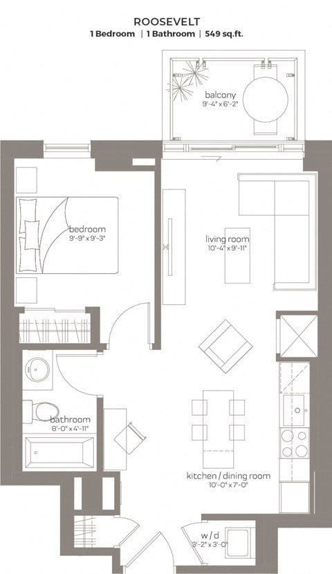 Floor plan for 1 bed, 1 bath, 700 sqft